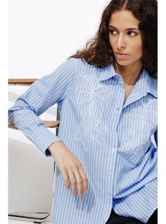 Longue Chemise Brodée Femme - Bleu Raye
