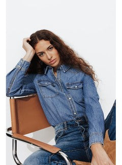 Chemise Western en Jean Femme - Jeans Uni Fonce