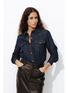 Chemise Western en Jean Femme - Jeans Uni Fonce