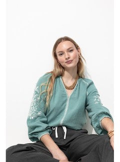 Blouse Brodée Femme - Gris Uni Fonce