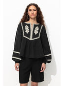 Blouse Folk Brodée Femme - Noir Uni Fonce