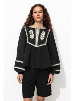 Blouse Folk Brodée Femme - Noir Uni Fonce