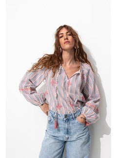Blouse Rayée Brodée Femme - Multicolore Raye
