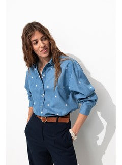 Chemise Brodée Oversize Femme - Jeans Uni Fonce