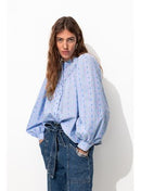 Chemise Brodée Manches Ballon - Bleu Uni Colore