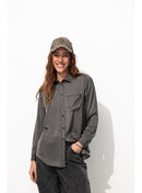 Chemise Perlée en Satin Femme - Gris Uni Fonce
