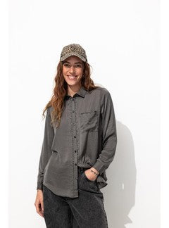 Chemise Perlée en Satin Femme - Gris Uni Fonce
