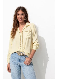 Chemise Perlée en Satin Femme - Jaune Uni Colore
