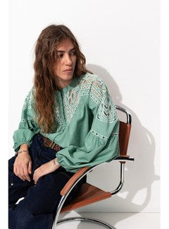 Blouse Brodée Femme - Vert Uni Colore
