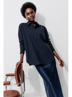 Chemise Oversize Unie Femme - Bleu Uni Fonce