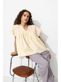 Blouse Brodée Femme - Naturel Uni Clair