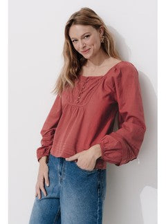 Blouse à Manches Ballon Femme - Rouge Uni Colore