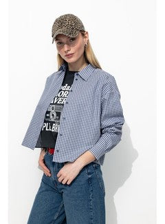 Chemise Cropped Femme - Bleu Carreaux