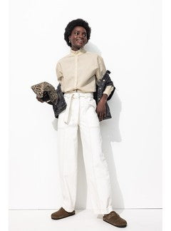 Chemise à Col Volanté Femme - Naturel Raye