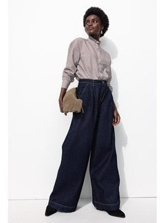 Chemise à Col Volanté Femme - Naturel Carreaux