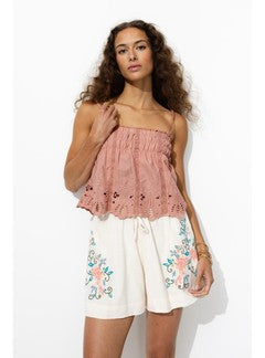 Crop Top Brodé Femme - Rose Uni Colore