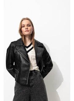 Blouson Rock en Simili Femme - Noir Uni Fonce