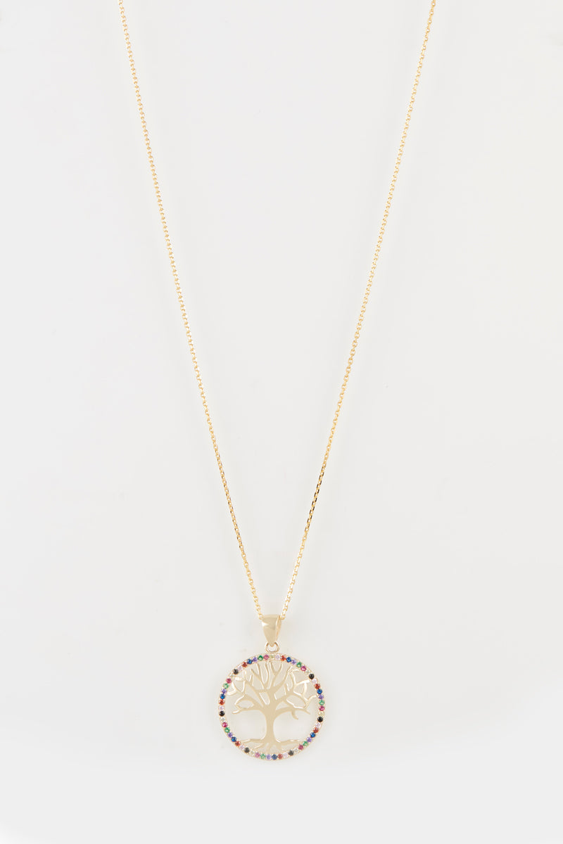 "Colorful Tree" Pendant - Yellow Gold & Precious Stone