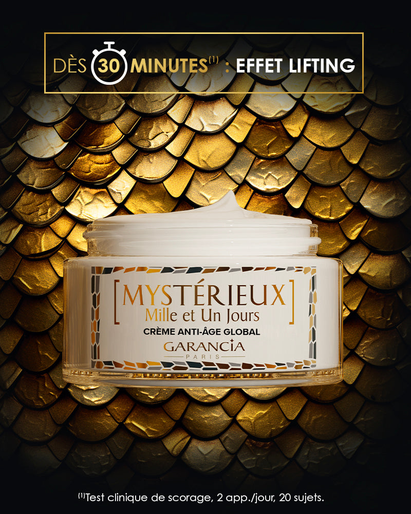 Présentation du pot de crème de jour Mystérieux avec la mention : Dès 30 minutes effet lifting
