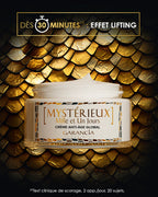 Présentation du pot de crème de jour Mystérieux avec la mention : Dès 30 minutes effet lifting