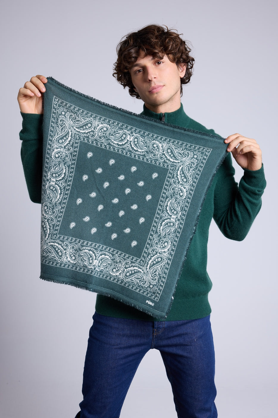 Pañuelo Bandana Atlas Presley En Cachemira - Verde Botella y Blanco - Mixto