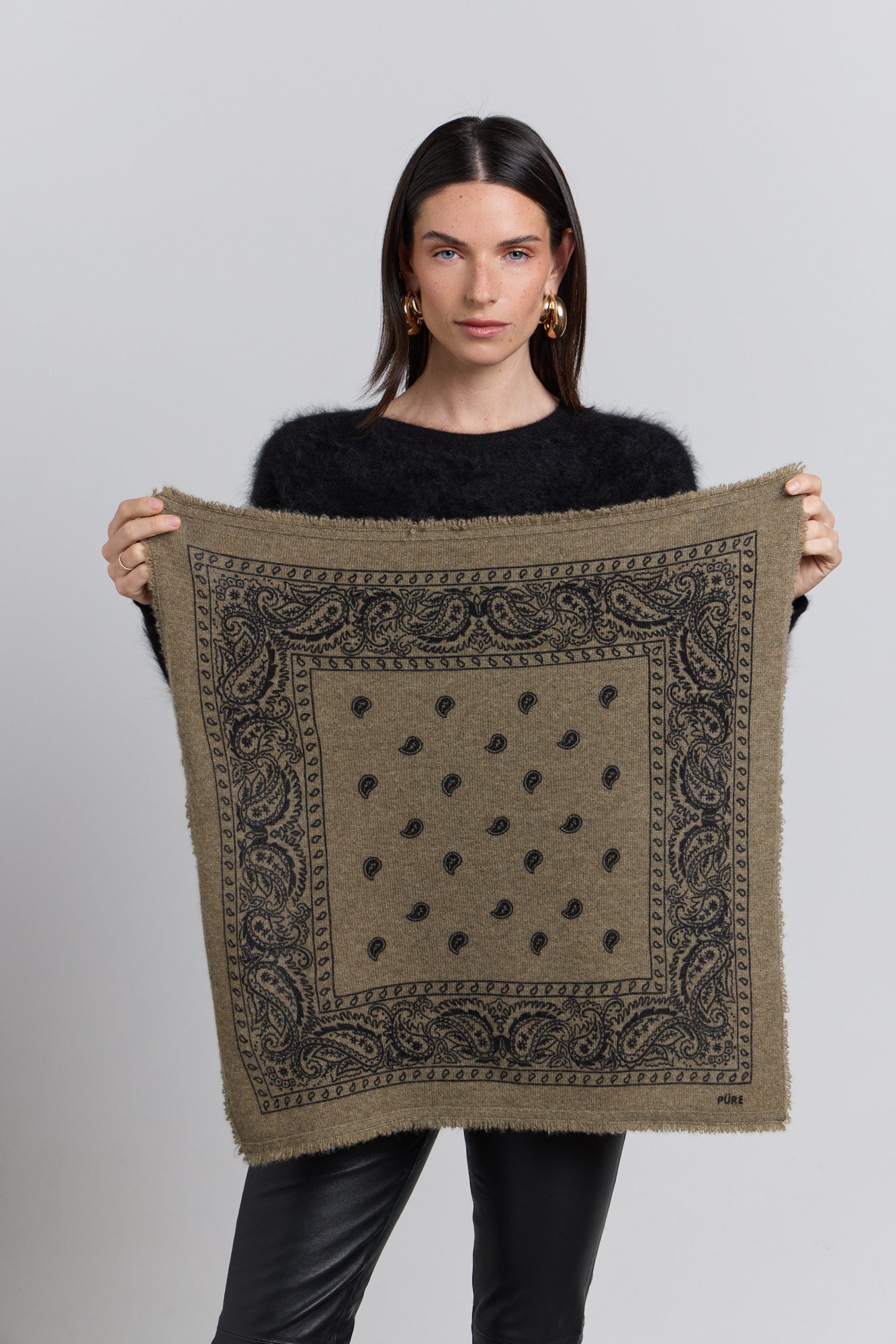 Echarpe Bandana Presley En Cachemire - Ledburry Khaki & Noir - Mixte