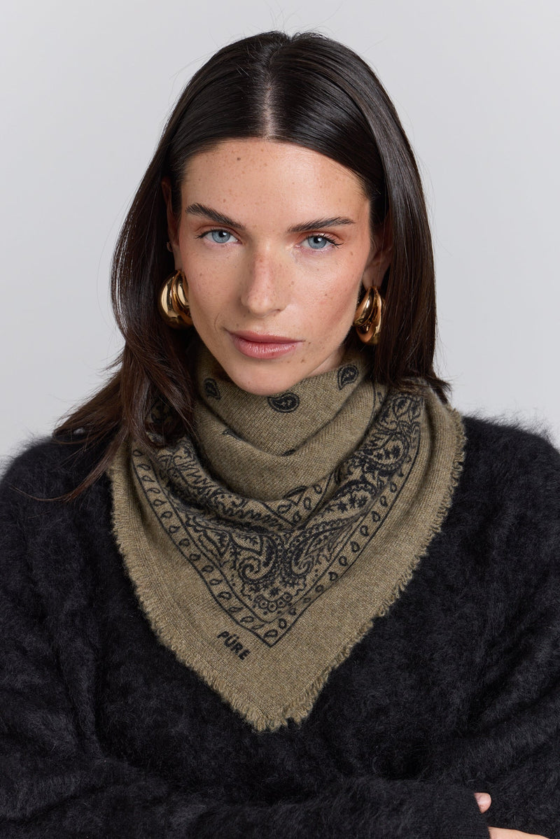 Presley Cashmere Bandana Scarf - Ledburry Khaki & Black - Mixed