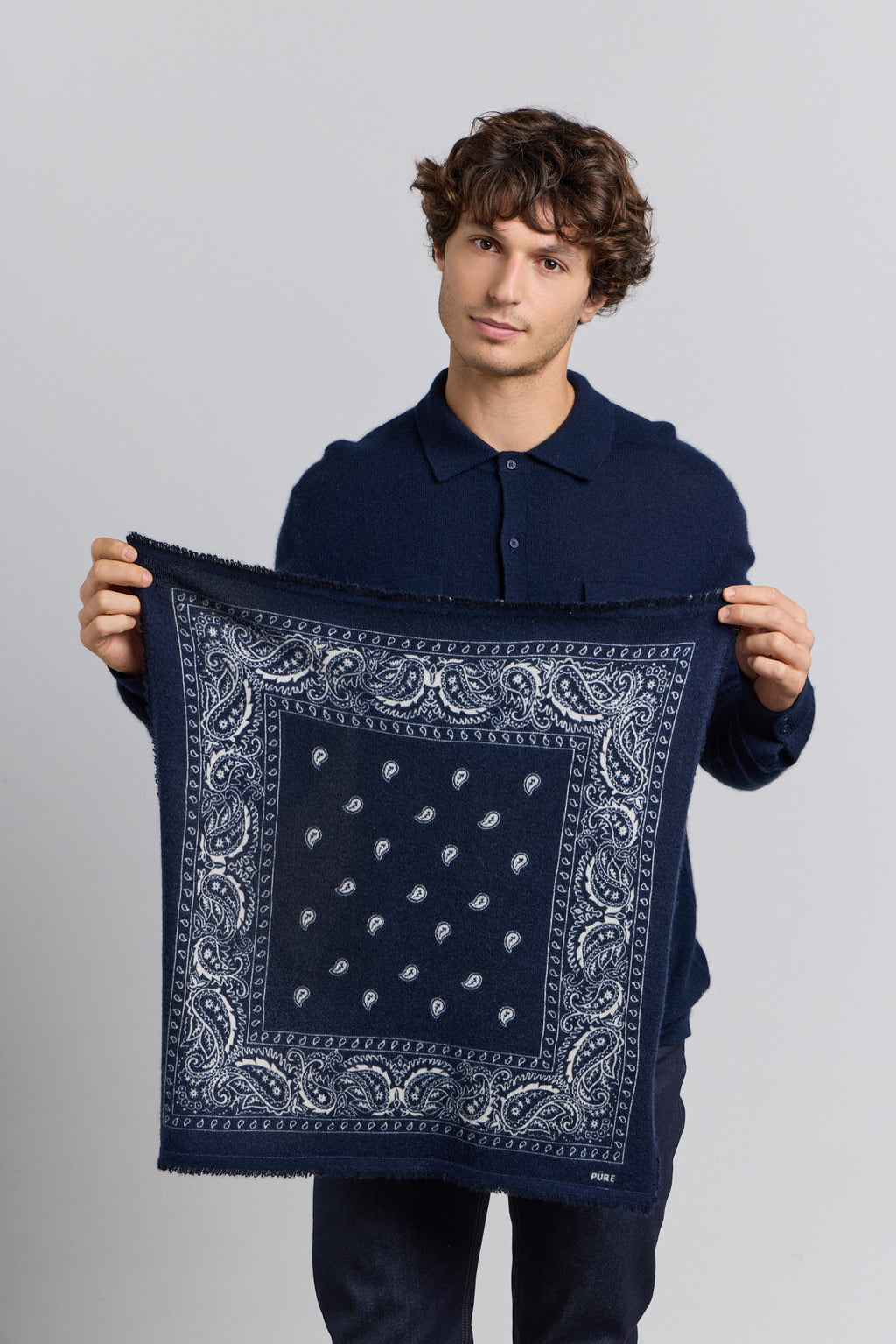 Bufanda bandana Presley de cachemira - Marino y blanco - Unisex
