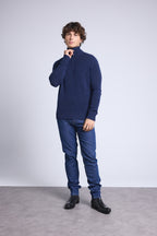 Pull Col Zippe Montant Mouline Presley - Bleu Marine Et Indigo - Homme
