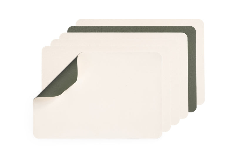 Set De Table Rectangulaire Réversible - 6 Pièces - Cuir Recyclé Blanc Crème Et Vert De Gris