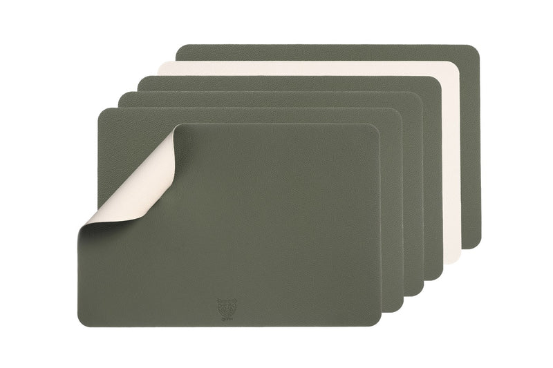 Set De Table Rectangulaire Réversible - 6 Pièces - Cuir Recyclé Blanc Crème Et Vert De Gris