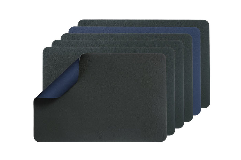 Set De Table Rectangulaire Réversible - 6 Pièces - Cuir Recyclé Bleu Nuit Et Gris Anthracite