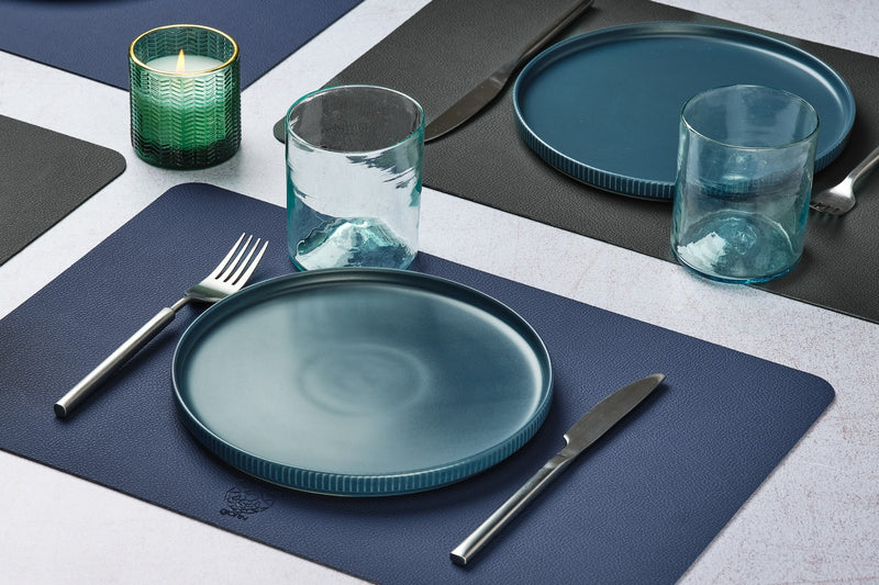 Set De Table Rectangulaire Réversible - 6 Pièces - Cuir Recyclé Bleu Nuit Et Gris Anthracite