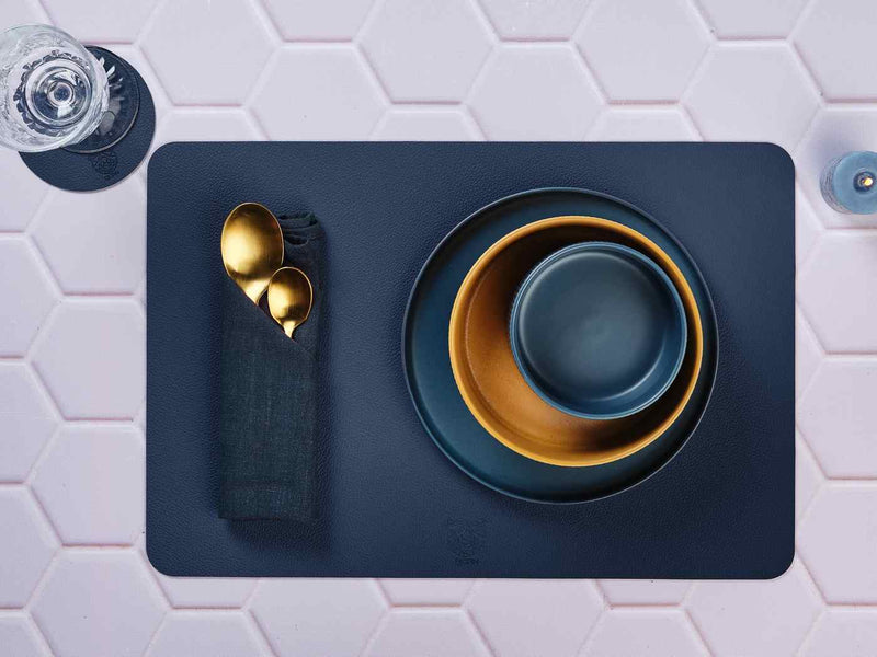 Set De Table Rectangulaire Réversible - 6 Pièces - Cuir Recyclé Bleu Nuit Et Gris Anthracite