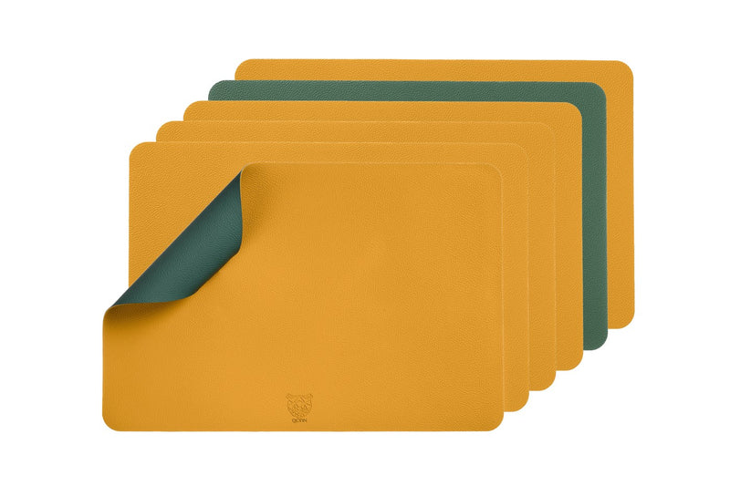 Set De Table Rectangulaire Réversible - 6 Pièces - Cuir Recyclé Jaune Moutarde Et Vert Sapin