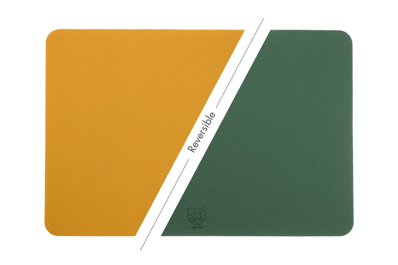 Set De Table Rectangulaire Réversible - 6 Pièces - Cuir Recyclé Jaune Moutarde Et Vert Sapin