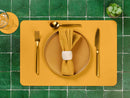 Set De Table Rectangulaire Réversible - 6 Pièces - Cuir Recyclé Jaune Moutarde Et Vert Sapin