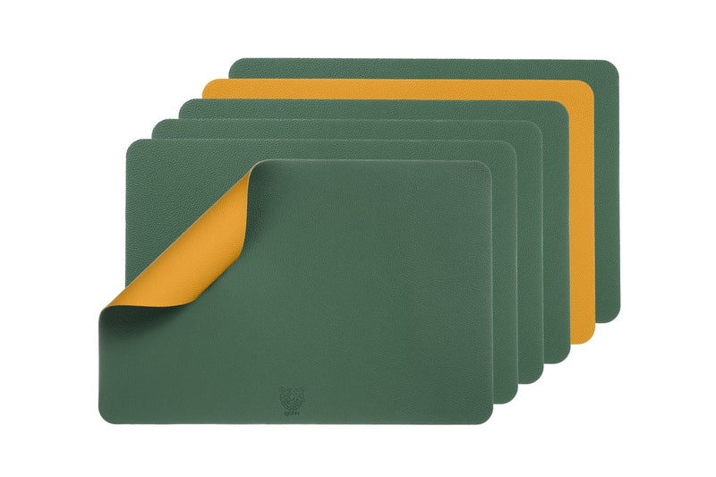 Set De Table Rectangulaire Réversible - 6 Pièces - Cuir Recyclé Jaune Moutarde Et Vert Sapin