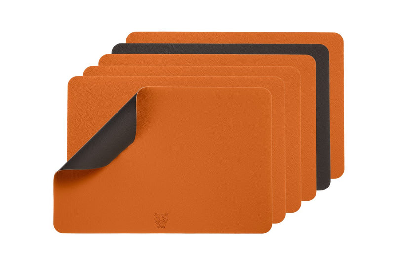 Set De Table Rectangulaire Réversible - 6 Pièces - Cuir Recyclé Orange Et Chocolat