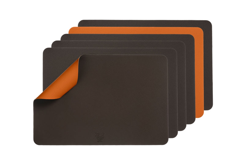 Set De Table Rectangulaire Réversible - 6 Pièces - Cuir Recyclé Orange Et Chocolat