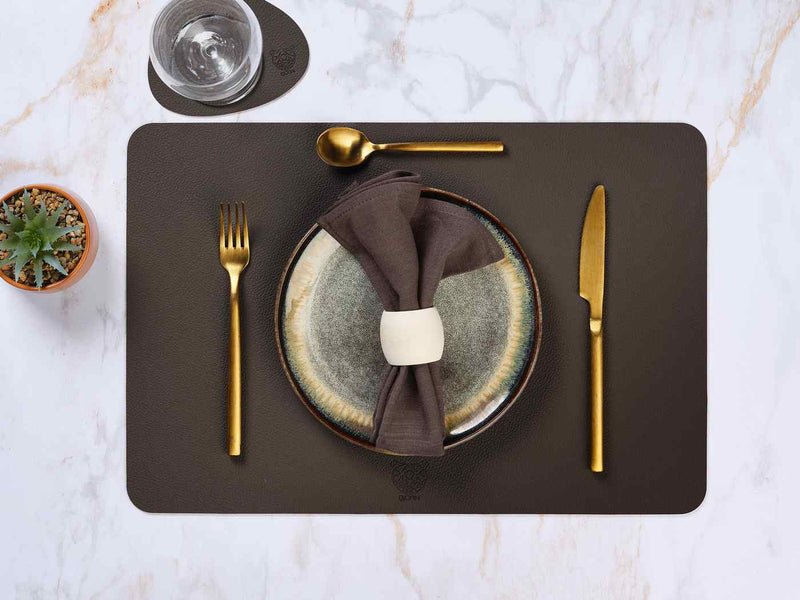 Set De Table Rectangulaire Réversible - 6 Pièces - Cuir Recyclé Orange Et Chocolat