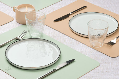 Set De Table Rectangulaire Réversible - 6 Pièces - Cuir Recyclé Rose Pâle Et Vert Pâle