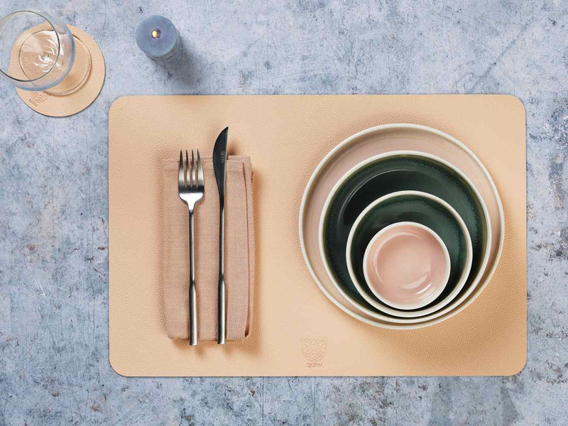 Set De Table Rectangulaire Réversible - 6 Pièces - Cuir Recyclé Rose Pâle Et Vert Pâle