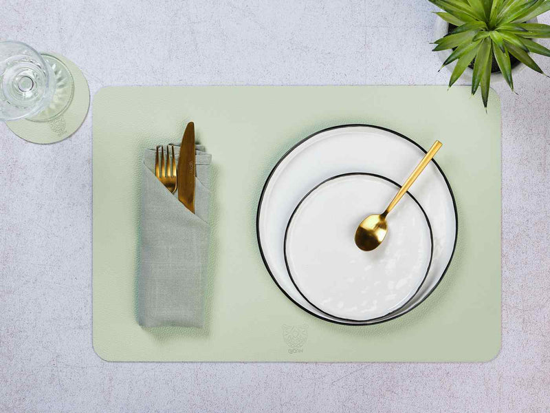 Set De Table Rectangulaire Réversible - 6 Pièces - Cuir Recyclé Rose Pâle Et Vert Pâle