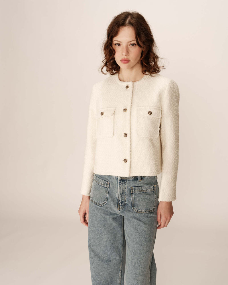 Chaqueta Corta Sin Cuello Crudo Ciruela