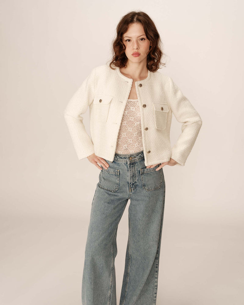 Chaqueta Corta Sin Cuello Crudo Ciruela