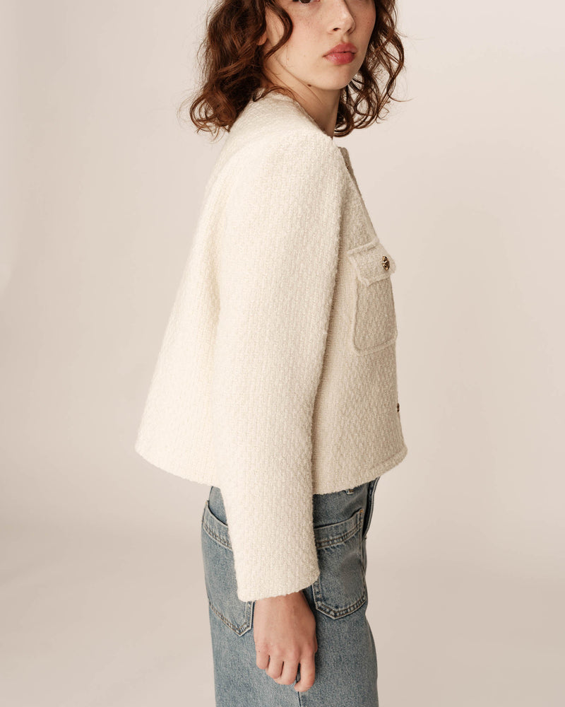 Chaqueta Corta Sin Cuello Crudo Ciruela