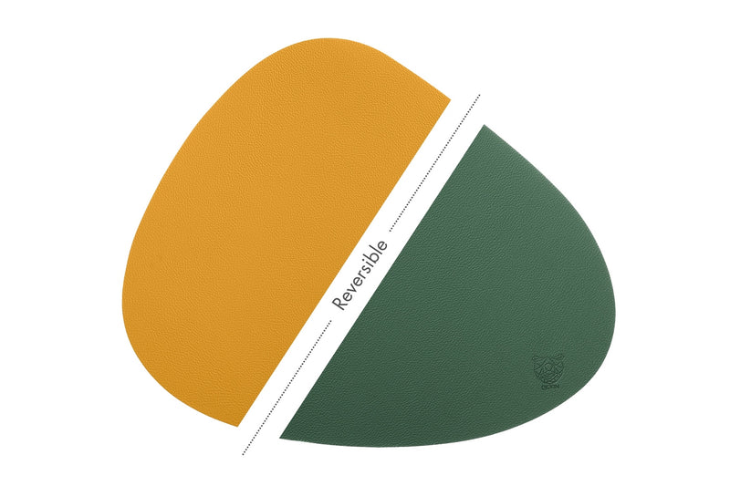 Set De Table Curve Réversible - 6 Pièces - Cuir Recyclé Jaune Moutarde Et Vert Sapin