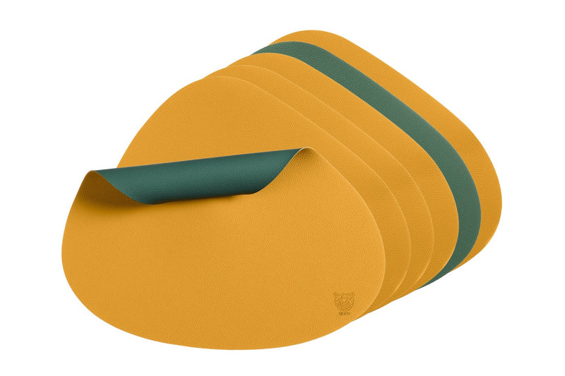 Set De Table Curve Réversible - 6 Pièces - Cuir Recyclé Jaune Moutarde Et Vert Sapin
