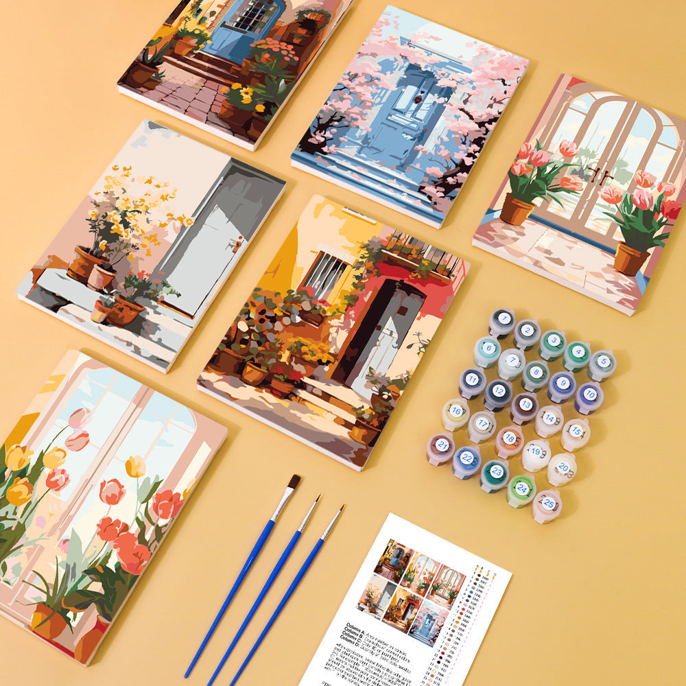 Mini Peinture Par Numéros 15X20Cm (6 Pièces) - Architecture Européenne Et Fleurs